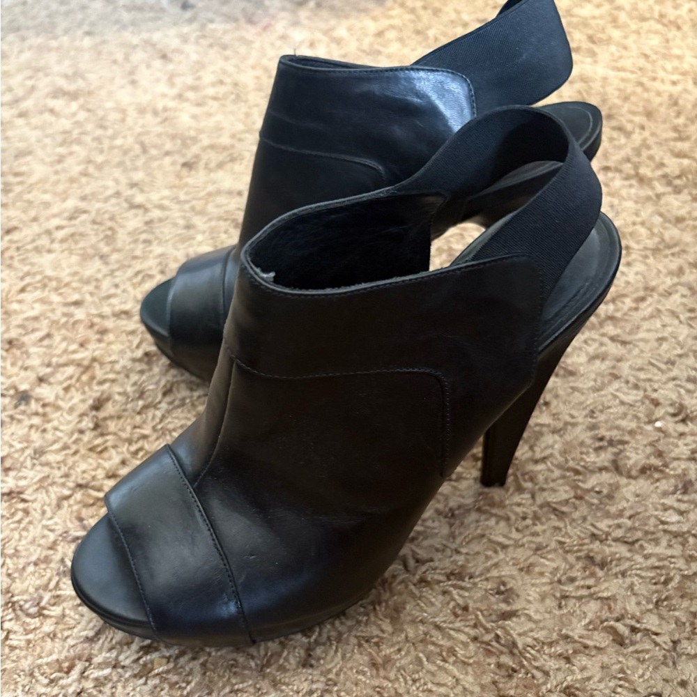 KURT GEIGER BLACK LEATHER MULES STILETTO STACKED HEELS EU38 SIZE 7